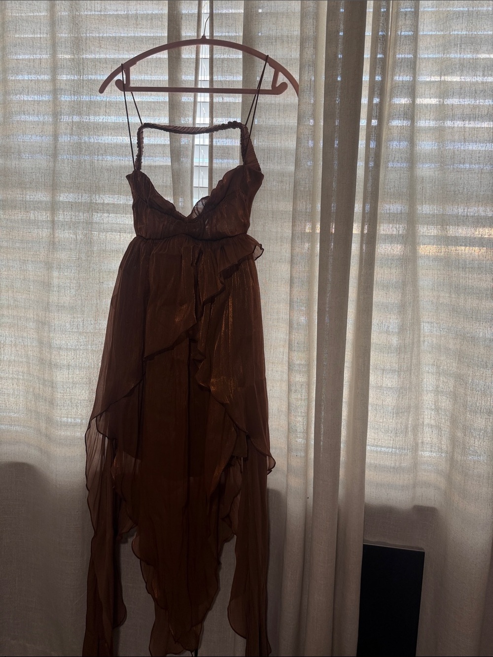 Brown Ruffle Chiffon High-Low Maxi Dress - Picture 2 of 4